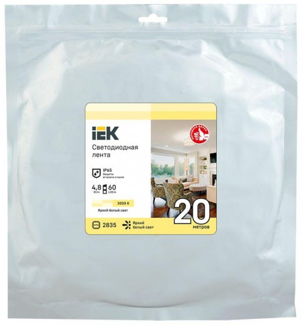  Лента светодиодная LED LSR-2835WW60-4.8-IP65-12В (уп.20м) IEK LSR1-1-060-65-3-20 
