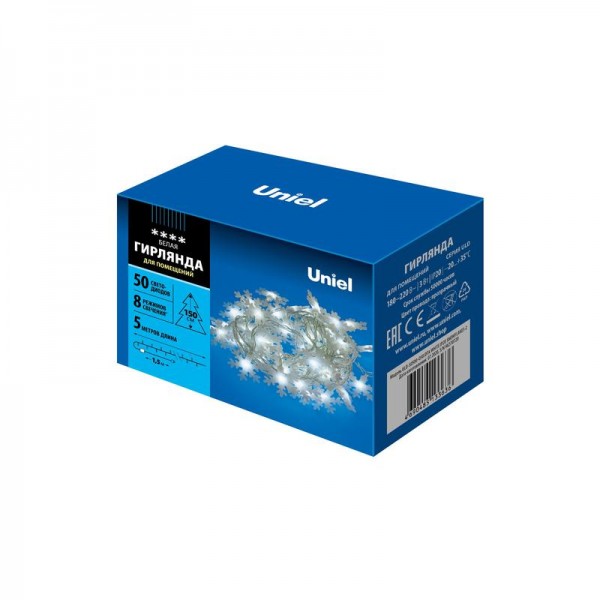  Гирлянда LED "Снежинки-2" ULD-S0500-050/DTA WHITE IP20 SNOWFLAKES-2 5м 50 диодов бел. свет провод прозр. Uniel UL-00007196 