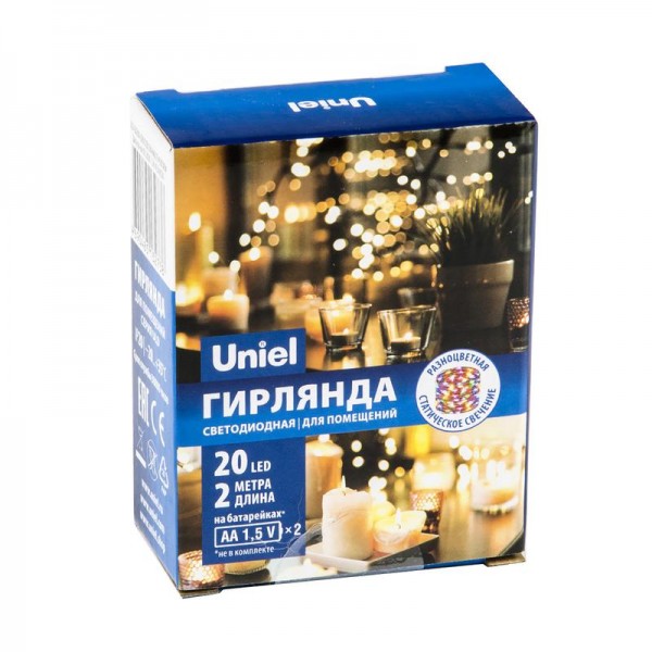  Гирлянда LED на батарейках ULD-S0200-020/SСB/2AA MULTI IP20 DEW 2AA (не в/к) "Роса" 2м 20 диодов разноцвет. провод медн. Uniel UL-00007205 