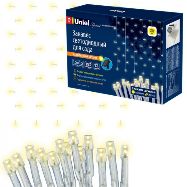  Занавес садовый USL-S-131/PT1515 WARM WHITE CURTAIN солнечная батарея 192 светодиода теплый бел. свет IP44 Uniel UL-00006538 
