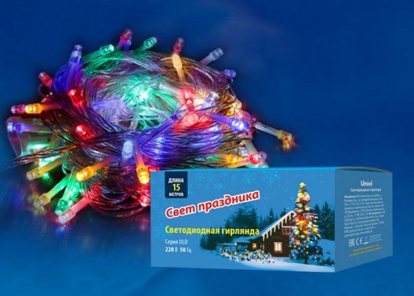  Гирлянда светодиодная ULD-S1500-100/DTA MULTI IP20 с контроллером 15м разноцвет. свет провод прозрачн. Uniel UL-00005252 