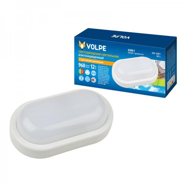  Светильник ULW-Q212 12W/DW SENSOR IP54 WHITE LED Овал влагозащ. с датч. движ. 6500К 960лм 200х97мм бел. Volpe UL-00003228 