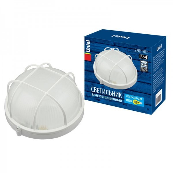  Светильник влагозащищенный UWL-R02 100W/E27 IP54 WHITE Круг 100Вт E27 IP54 накладной промышлен. рассеив. призма решетка под лампу E27 Uniel UL-00006772 