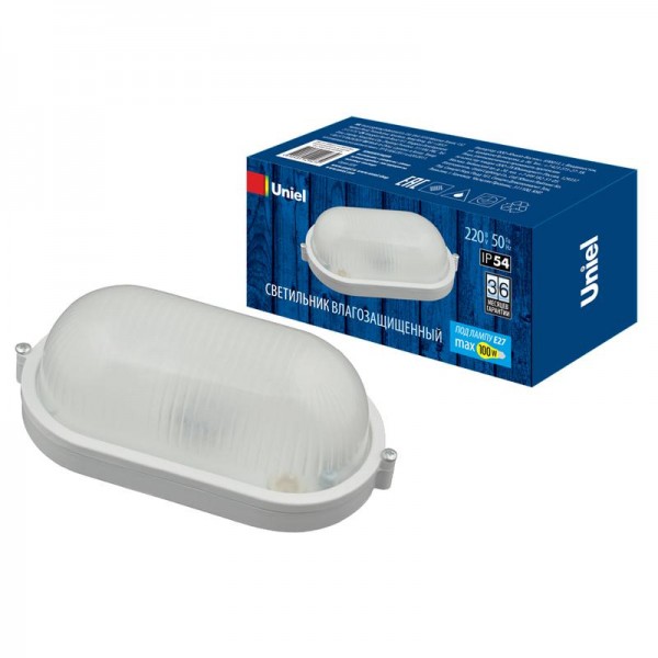  Светильник влагозащищенный UWL-O01 100W/E27 IP54 WHITE Овал 100Вт E27 IP54 накладной промышлен. рассеив. призма под лампу E27 Uniel UL-00006773 