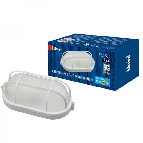  Светильник влагозащищенный UWL-O02 100W/E27 IP54 WHITE Овал 100Вт E27 IP54 накладной промышлен. рассеив. призма решетка под лампу E27 Uniel UL-00006774 