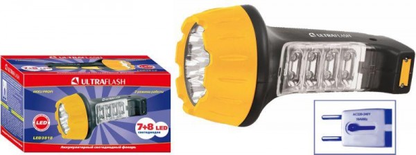  Фонарь LED3818 (аккум 220В черн./желт. 7+8 LED 2 режима SLA) Ultraflash 10973 