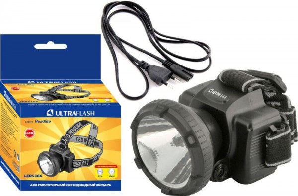  Фонарь налобный аккумуляторный LED 5366 (220В LED 2 режима; черн.) Ultraflash 11649 