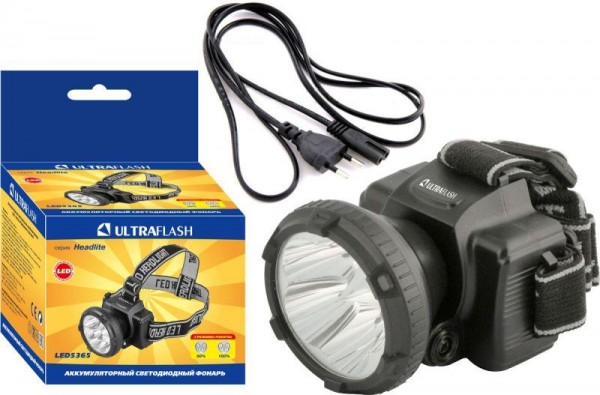  Фонарь налобный аккумуляторный LED 5365 (220В 5LED 2 режима; черн.) Ultraflash 11648 