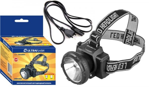  Фонарь налобный аккумуляторный LED 5364 (220В LED 2 режима; черн.) Ultraflash 11258 