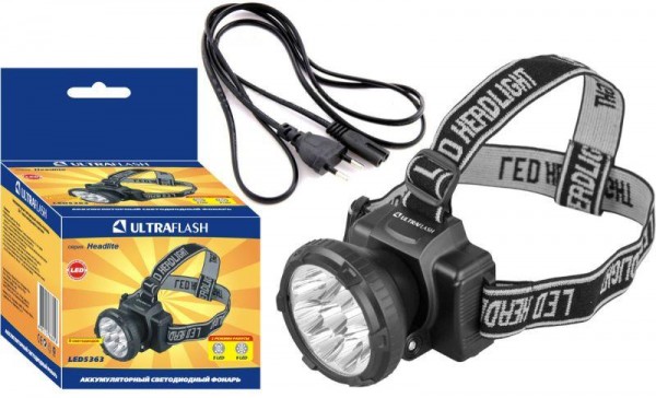  Фонарь налобный аккумуляторный LED 5363 (220В 9LED 2 режима черн.) Ultraflash 11257 