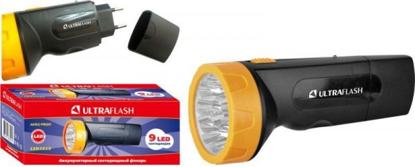  Фонарь LED 3829 (аккум. 220В черн./желт. 9 LED SLA пласт. коробка) Ultraflash 11240 
