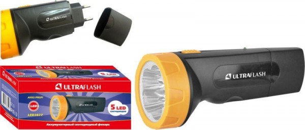  Фонарь LED 3827 (аккум. 220В черн./желт. 5 LED SLA пласт. коробка) Ultraflash 11241 