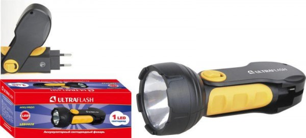 Фонарь LED3828 (аккум. 220В черн./желт. 1LED 0.5Вт) Ultraflash 10922 