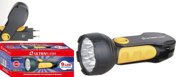  Фонарь LED 3816 (аккум. 220В черн./желт. 9 LED SLA пласт. склад. вилка коробка) Ultraflash 10794 