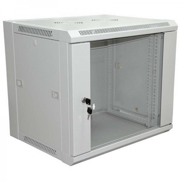  Шкаф настенный 19дюйм 6U 600х600х370мм (ШхГхВ) передняя дверь стекло боковые стенки съемные (разобранный) RAL7035 Rexant 04-2220 