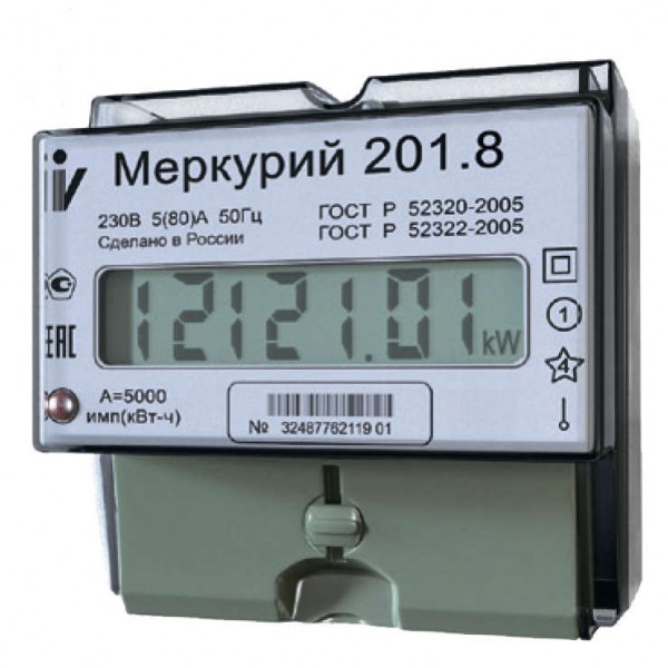  Счетчик "Меркурий" 201.8 1ф 5-80А 1 класс точн. 1 тариф. ЖКИ табло DIN-рейка Инкотекс 32681 