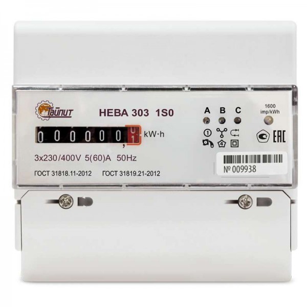  Счетчик НЕВА 303 1S0 3ф 5-60А 230/400В 1 класс точн. 1 тариф. мех DIN-рейка Тайпит 6056054 