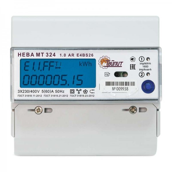  Счетчик НЕВА МТ 324 1.0 AR E4S (E4BS26) 3ф 5-60А 230В ЖКИ многотариф.; RS485 винт Екат. вр. юр. лица Тайпит 6110268 