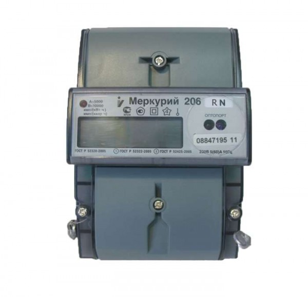  Счетчик "Меркурий" 206 RN 1ф 5-60А 1.0/2.0 класс точн. многотариф. оптопорт RS485 ЖКИ юр. лица Екат. вр. Инкотекс М0000051787 