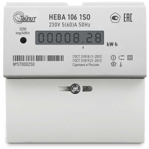  Счетчик НЕВА 106 1ф 220В 5-60А 1 класс точн. 1 тариф. DIN-рейка ЖКИ Тайпит 6121132 