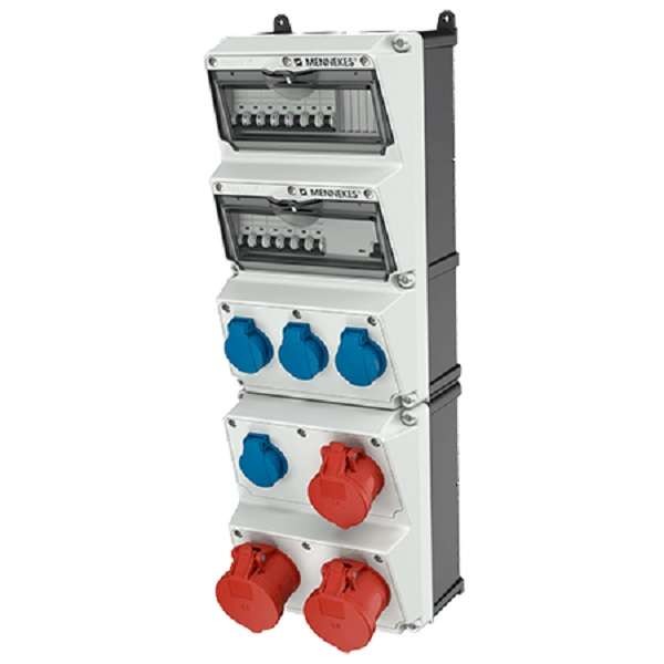  Комбинация розеток AMAXX 4хSCHUKO16А 1хСЕЕ16А5п 2хСЕЕ32А5п с защитой IP44 225х650х209мм черн./сер. Mennekes 950009 