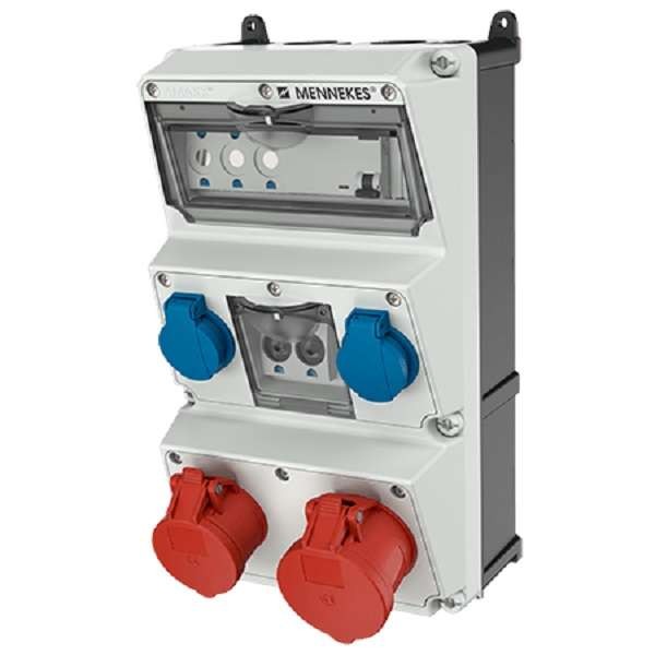  Комбинация розеток AMAXX 2хSCHUKO16А 1хСЕЕ16Ах5п 1хСЕЕ32А5п с защитой IP44 225х390х221мм черн./сер. Mennekes 930007 