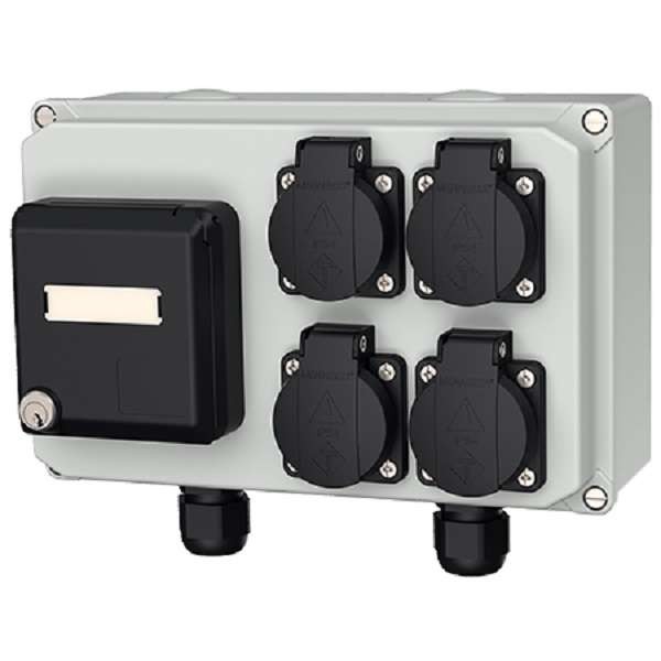  Комбинация розеток (сетевой пост) 4хSCHUKO16А230В и 2хRJ45 IP44 160х245мм 2 кабельных ввода М25 сер. Mennekes 25715 