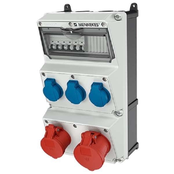  Комбинация розеток AMAXX 3хSCHUKO16А 1хСЕЕ16А5п 1хСЕЕ32А5п с защитой IP44 225х390х221мм черн./сер. Mennekes 930006 