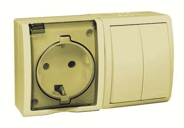  Блок 2-м СП розетка с заземл. 16А + выкл. 2-кл. 10А IP54 Simon15 Aqua сл. кость 1594515-031 