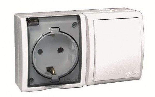  Блок 2-м СП розетка с заземл. 16А + выкл. 1-кл. 10А IP54 Simon15 Aqua бел. 1594511-030 
