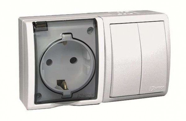  Блок 2-м СП розетка с заземл. 16А + выкл. 2-кл. 10А IP54 Simon15 Aqua бел. 1594515-030 