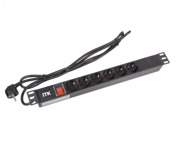  Блок розеток 6-м PDU (немец. станд.) DIN49440 с LED выкл. 1U шнур 2м вилка DIN49441 профиль ПВХ черн. ITK PH12-6D1-P 