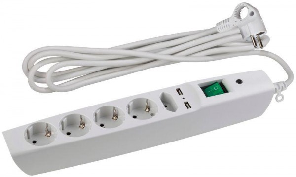  Удлинитель с сетевым фильтром 5х2м с заземл. 10А IP20 SFU-5es-2m-W 5гн+2хUSB защ. шторки с выкл. ПВС 3х0.75 бел. ЭРА C0043327 