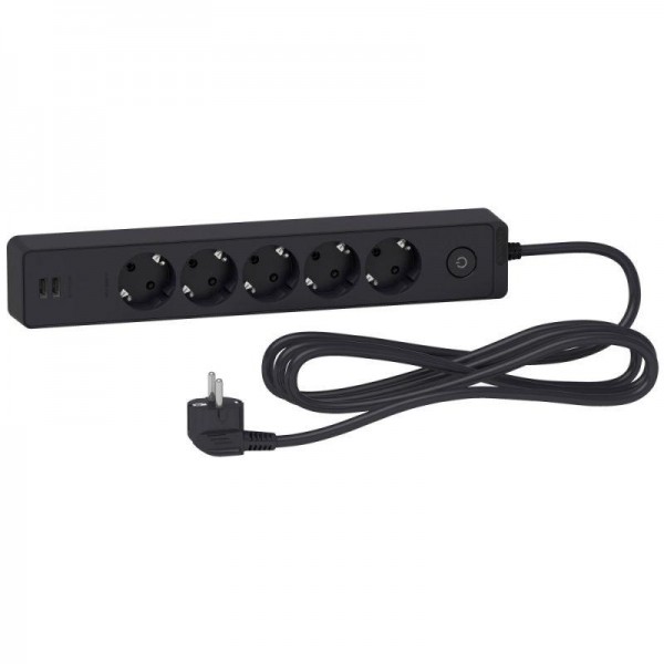  Удлинитель UNICA EXTEND 5 розеток 2К+З кабель 3м 2 USB черн. SchE ST945U3B 