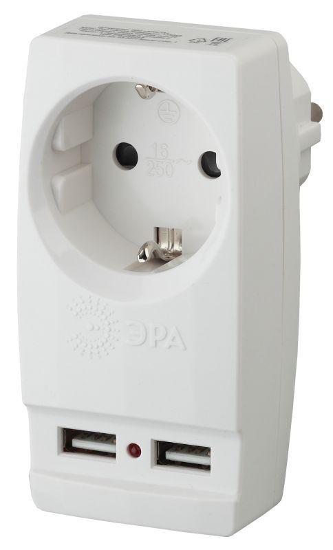  Адаптер SP-1e-USB-W "Polynom" 1-м 220В+ 2хUSB 2100мА c зазeмл. бел. ЭРА Б0026332 