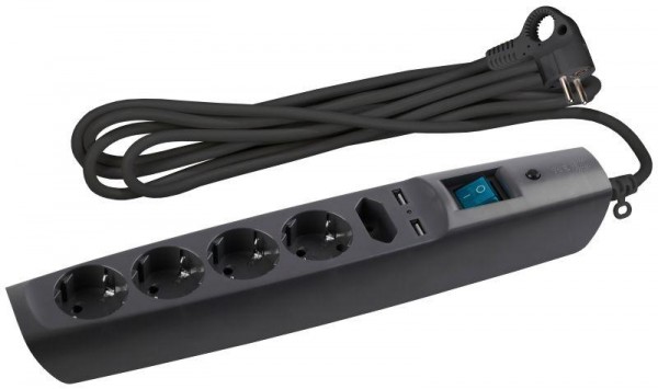  Удлинитель с сетевым фильтром 5х2м с заземл. 10А IP20 SFU-5es-2m-B 5гн+2хUSB защ. шторки с выкл. ПВС 3х0.75 черн. ЭРА C0043326 