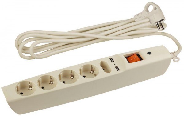  Удлинитель с сетевым фильтром 5х2м SFU-5es-2m-I 5гн+2хUSB с заземл. защ. шторки с выкл. ПВС 3х0.75 сл. кость ЭРА C0043328 