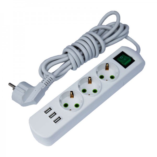  Удлинитель LETITIA 3х3м с заземл. с выкл. с USB разъемом LEZARD 721-0303-302U 