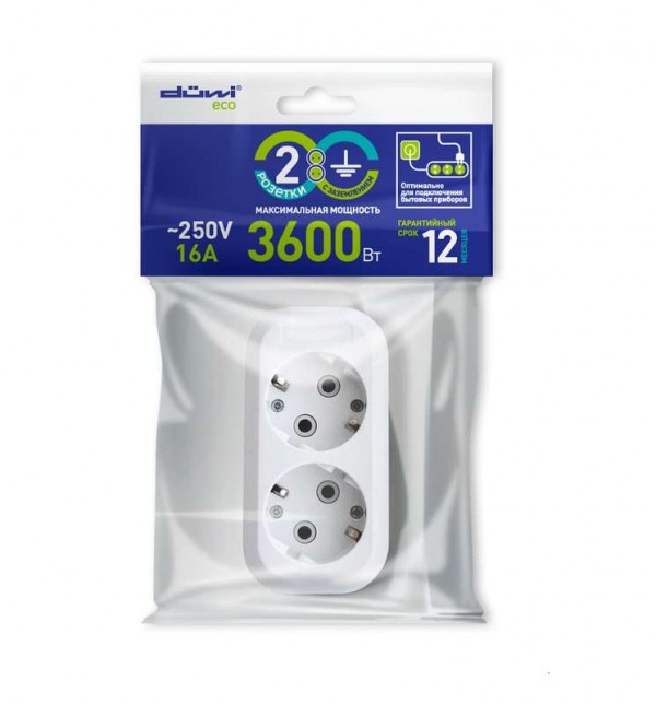  Колодка розеточная 2 гнезда с заземл. 16А 3600Вт Duwi 28633 2 