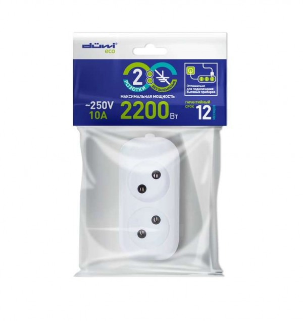  Колодка розеточная 2 гнезда без заземл. 10А 2200Вт Duwi 28630 1 