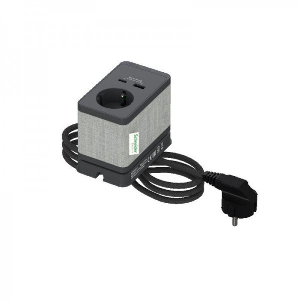  Блок US+ розеточный с зажимом с 1 розеткой (2К+З) и 2 зарядками USB (A+C) антрацит SchE INS44051 