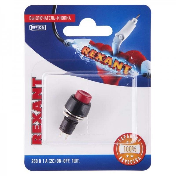  Выключатель-кнопка 250В 1А (2с) ON-OFF красн. Micro (PBS-20А) блист. Rexant 06-0317-A 