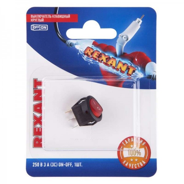  Выключатель клавишный круглый 250В 3А (3с) ON-OFF красн. с подсветкой Micro (RWB-106 SC-214) блист. Rexant 06-0310-A 