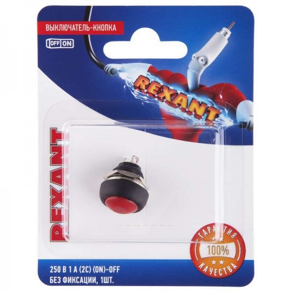  Выключатель-кнопка 250В 1А (2с) (ON)-OFF без фикс. красн. Micro (PBS-33В) блист. Rexant 06-0316-A 