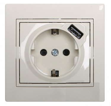  Розетка 1-м СП Мира 16А с з/к +USB крем. LEZARD 701-0303-181 