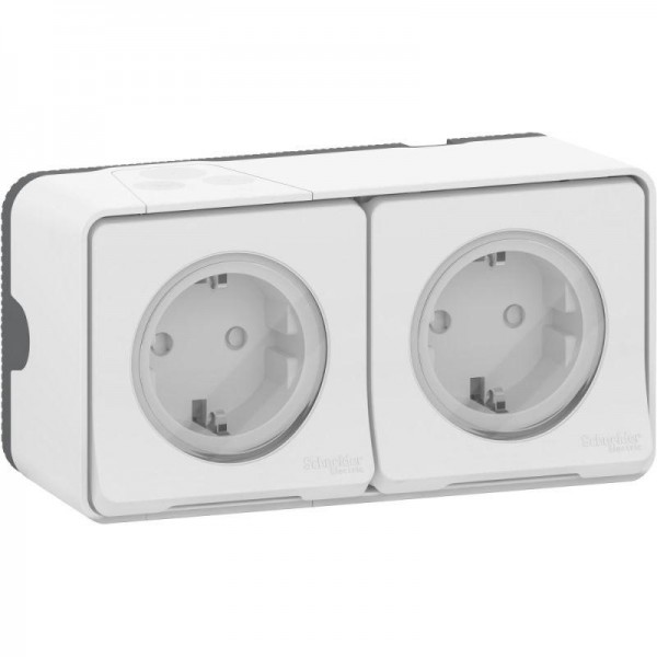  Блок 2х розеток ОП Mureva Styl защ. шторки с заземл. бел. IP55 SchE MUR39035 