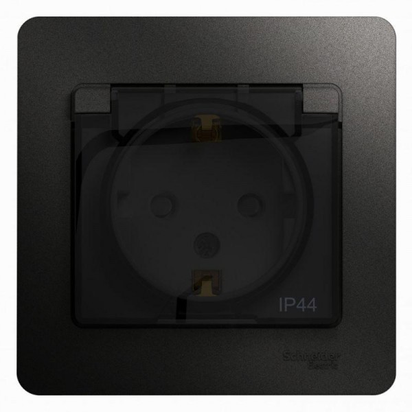  Розетка 1-м СП Glossa 16А IP44 с защ. крышкой защ. шторки с заземл. в сборе антрацит SchE GSL000748 