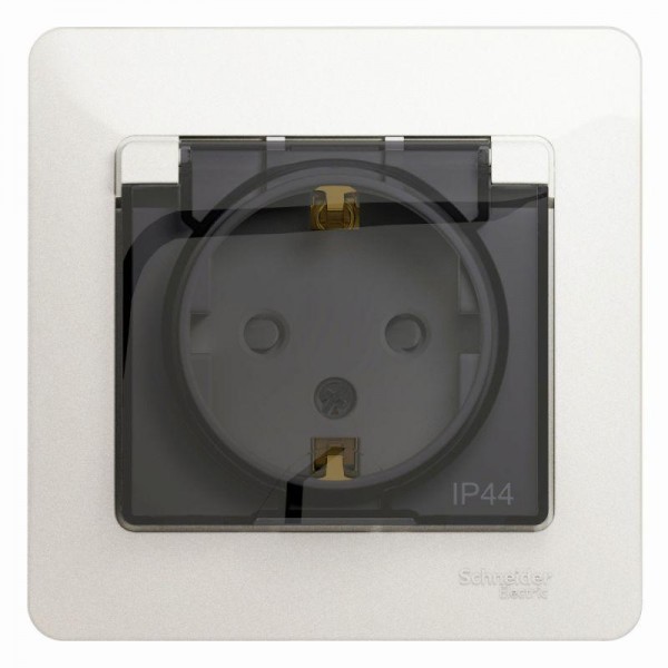  Розетка 1-м СП Glossa 16А IP44 с защ. крышкой защ. шторки с заземл. в сборе перламутр SchE GSL000648 