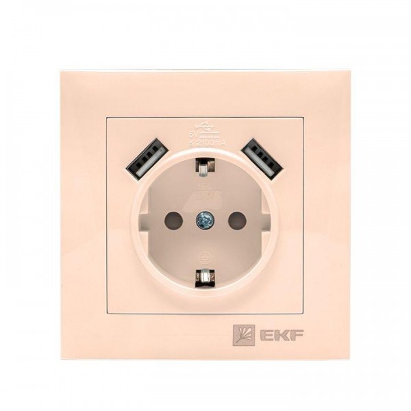  Розетка 1-м СП Валенсия 16А защ. шторки с заземл. с 2 USB 2.1А крем. PROxima EKF EWR16-028-20-2USB 