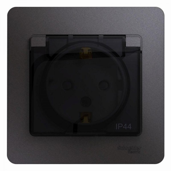  Розетка 1-м СП Glossa 16А IP44 250В с защ. крышкой защ. шторки с заземл. в сборе графит SchE GSL001348 